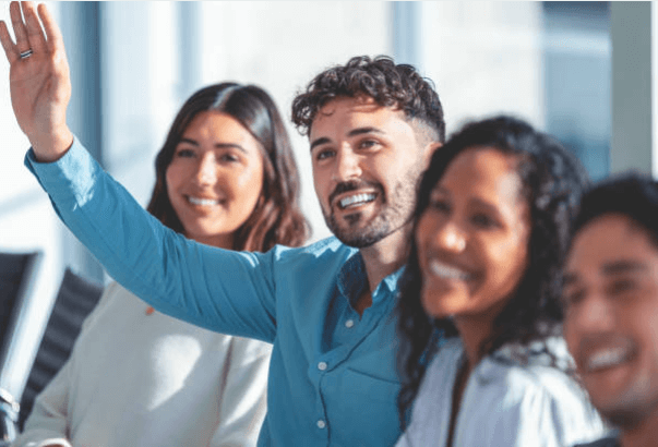 happy colleague try to speak