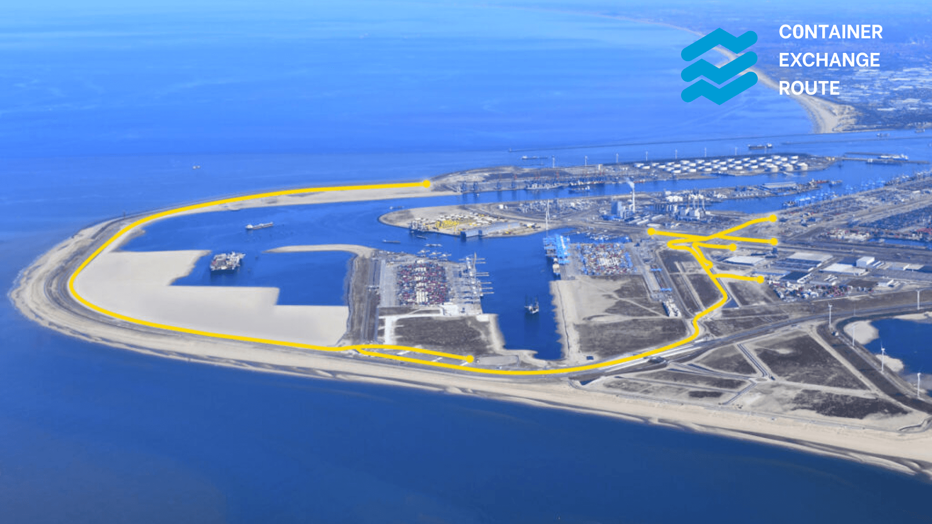 Aerial view of the Container Exchange Route, highlighted in yellow, connecting various terminals and facilities at a large port area surrounded by water.